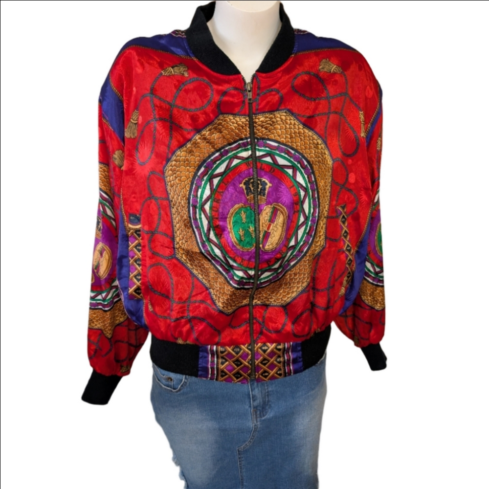 Vintage Silk Bomber Jacket Vibrant Red Patterned 1990 Shoulder Pads Sz L